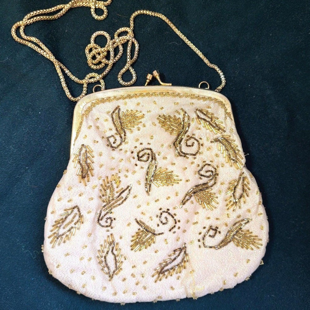 Vintage Beaded Silk Evening Clutch Purse Gold Chain Embellished White Formal‎